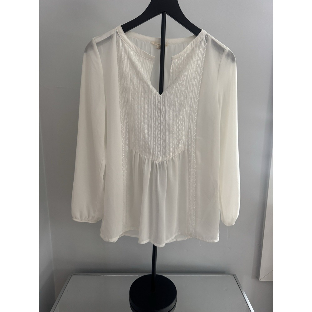 Adiva Ivory‎ Sheer Boho Blouse Lace Panel Long Sleeve Flowy Top Sz S